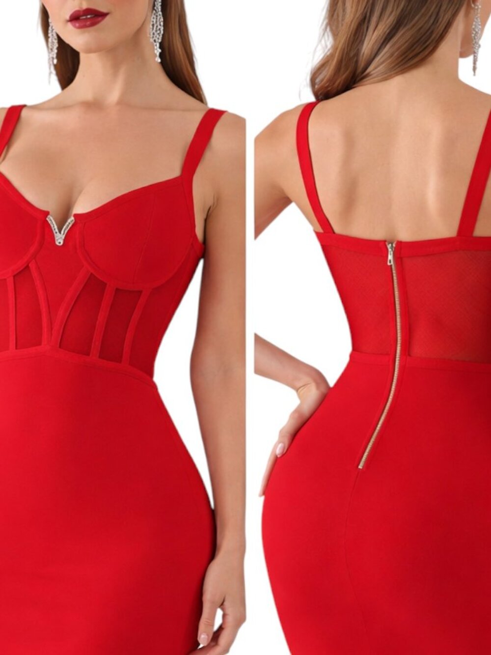Red Corset Bust Mesh Sheer Bandage Bodycon Dress | Soft Sculpt Collection - Picture 4 of 8